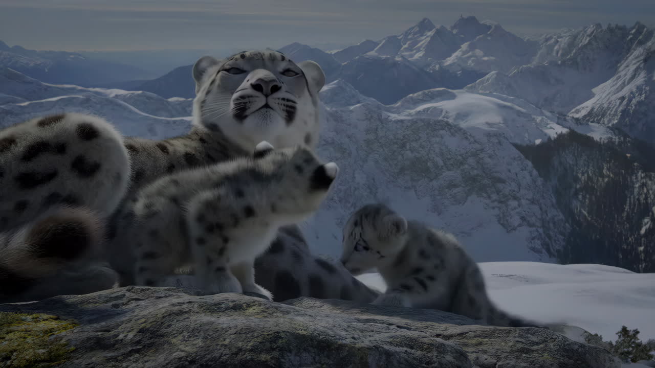 A Snow Leopard Mother and Cub in a Snowy Mountain Landscape