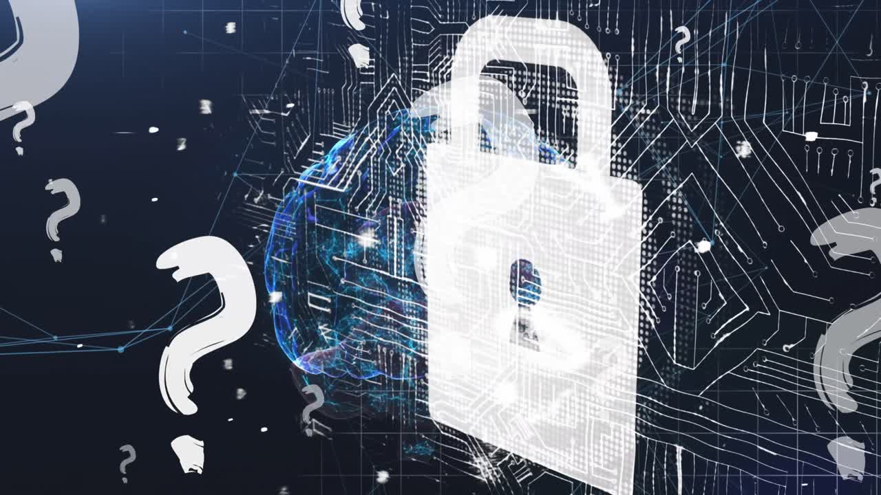 animación de signos de interrogación sobre una red de conexiones y cerebro digital sobre un fondo negro.