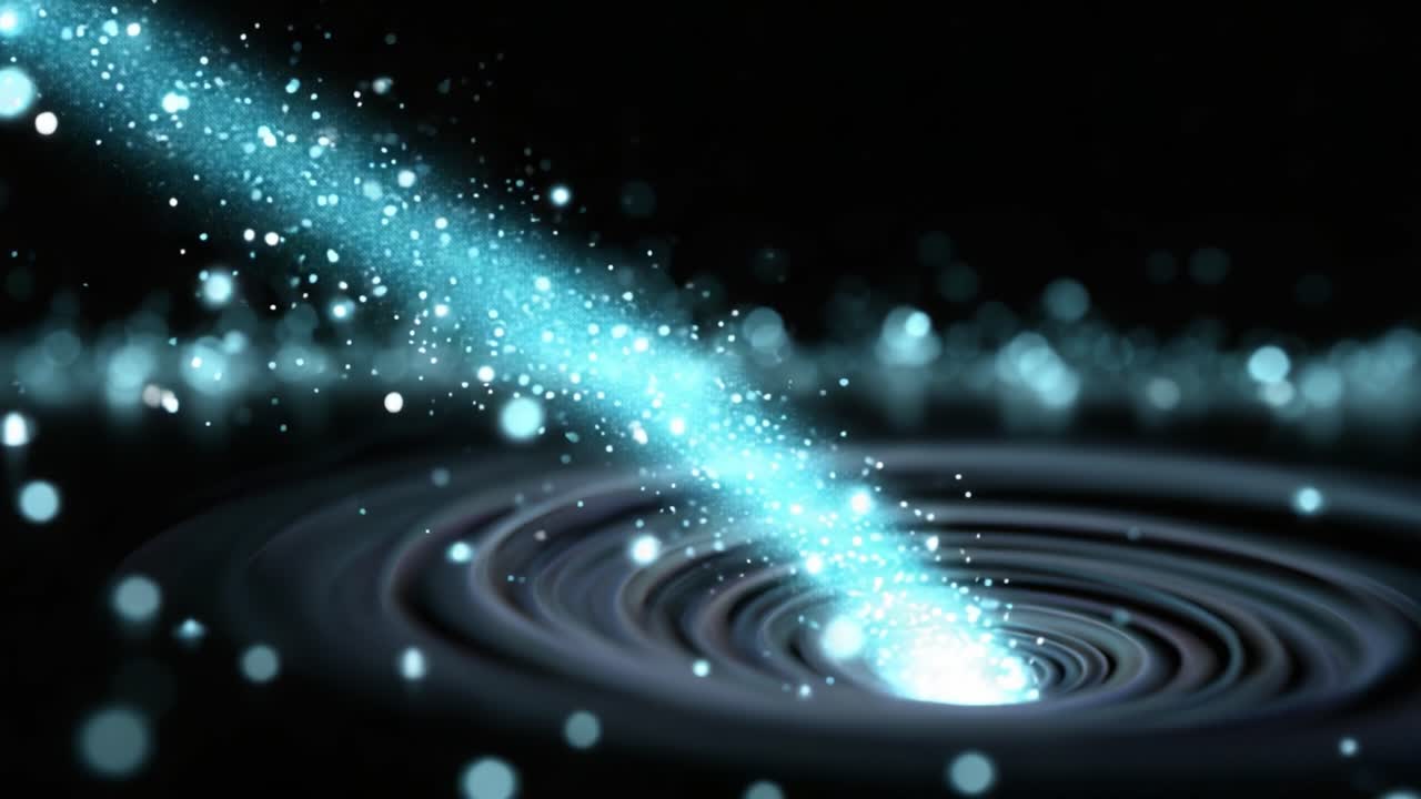 宇宙の暗闇をきらめく粒子が舞う、神秘的な渦を描いた、渦巻く宇宙パターンが織りなす魅惑的なシーケンス。