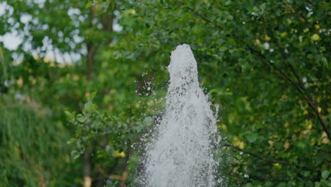 Fuente-De-Agua-Rociando-Hacia-Arriba-En-Medio-De-Frondosos-árboles-Verdes,-Creando-Una-Escena-Refrescante-Y-Natural