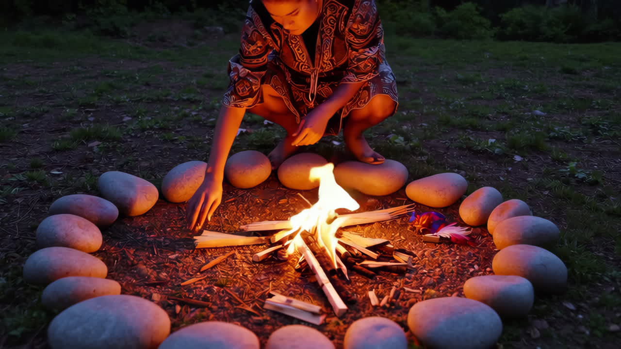 Woman Lighting a Campfire in a Circle of Stones
