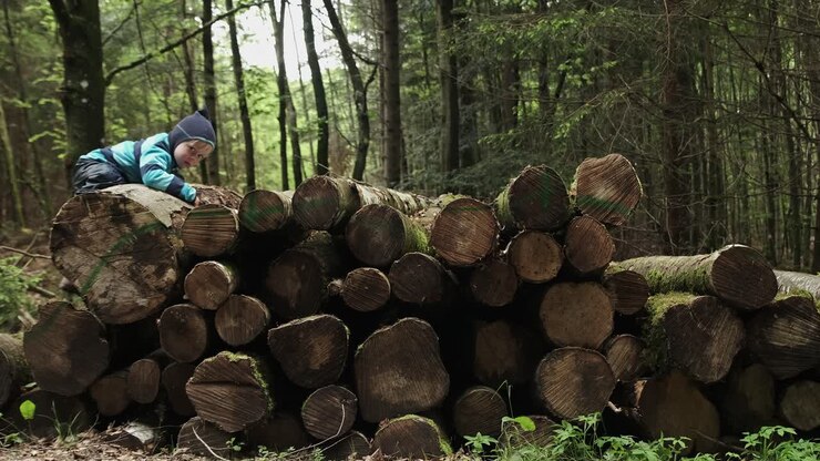 Young boy climbing over logs in the forest on an overcast day
