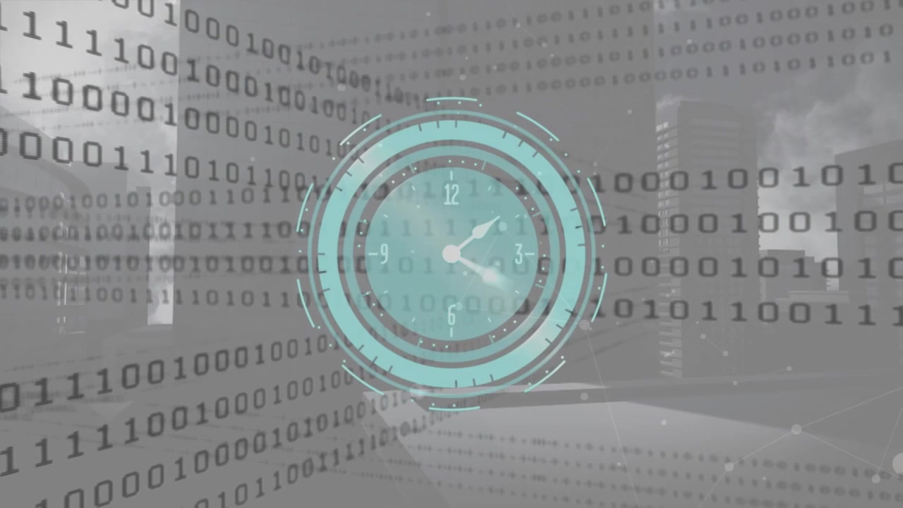 Animation of clock moving fast over binary coding