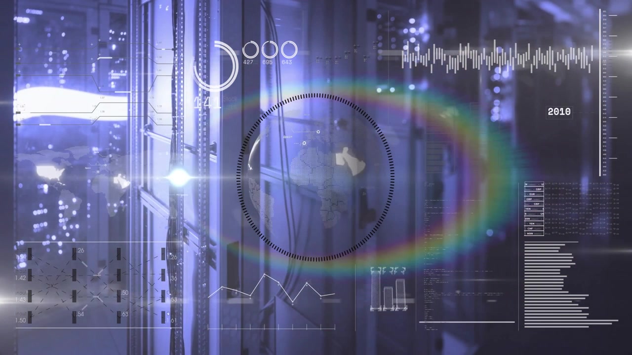 HUD scanning racks in data center, blips entering frame initiating timeline scan, reticle pulsing