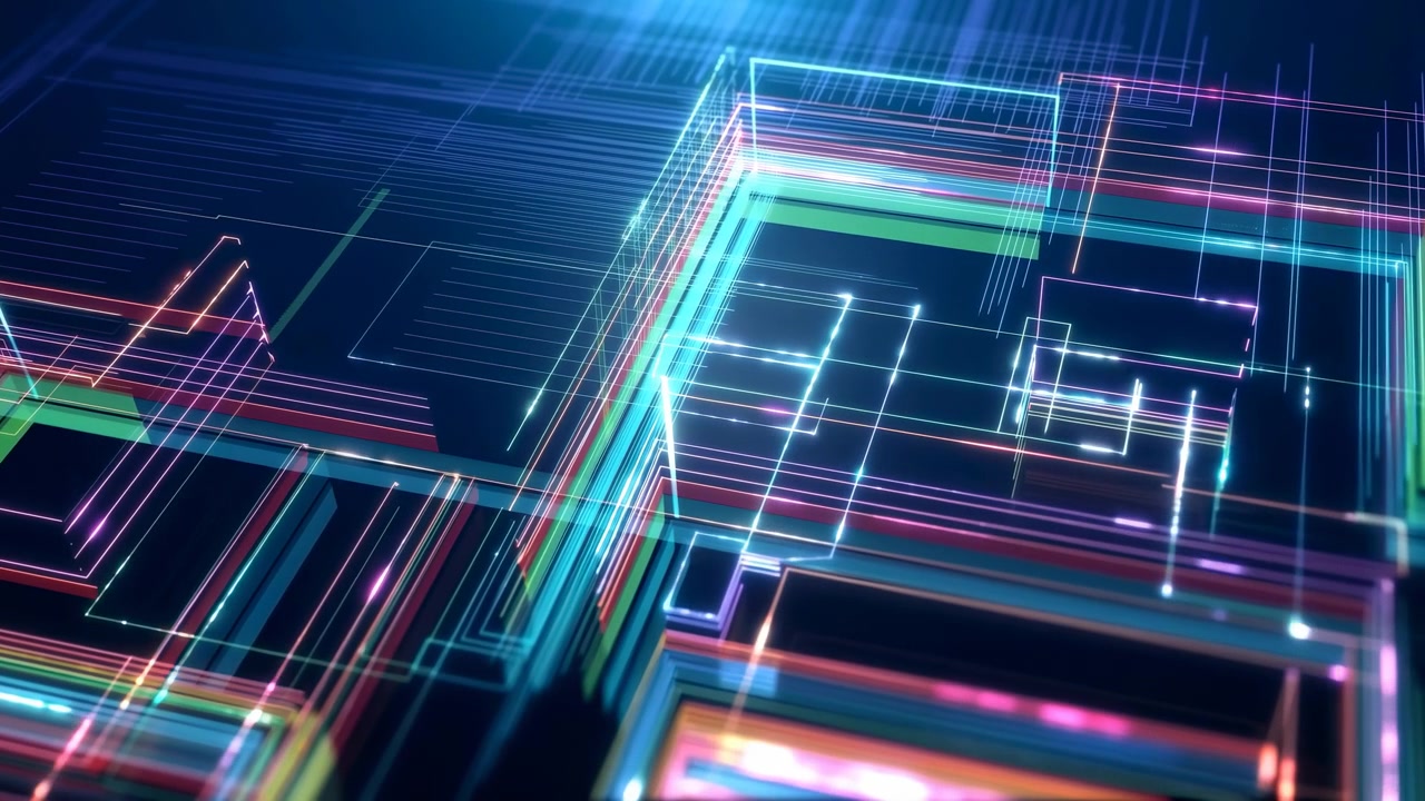 Bright points travel along overlapping geometric paths as luminous cyan, pink, green, and orange lines build layered rectangular frames over a deep navy background in angled perspective.