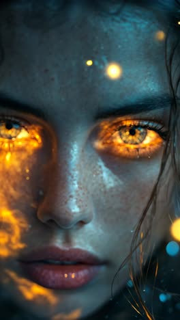 close-up of a woman's face illuminated by warm glowing lights