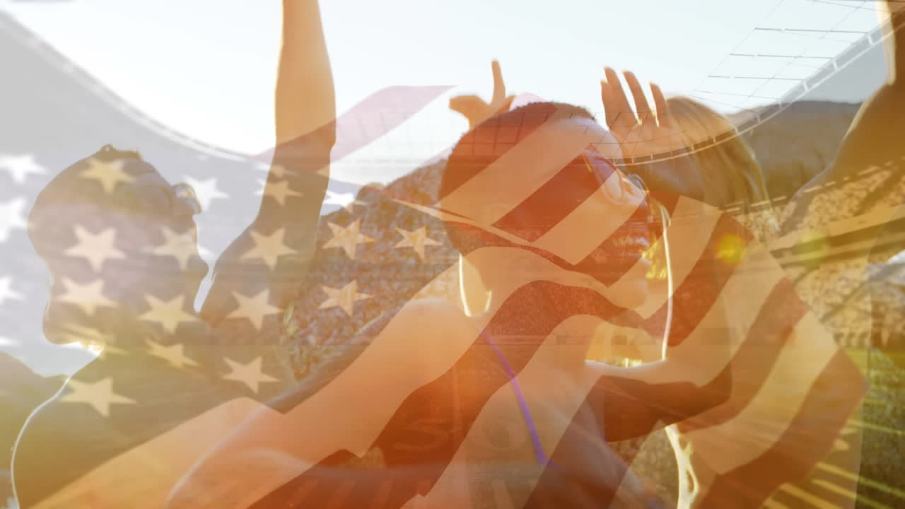 animación de ondear la bandera de ee.uu. sobre un grupo de amigos divirtiéndose en la playa y el estadio