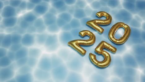 números dorados de 2025 flotando en aguas azules onduladas, año nuevo