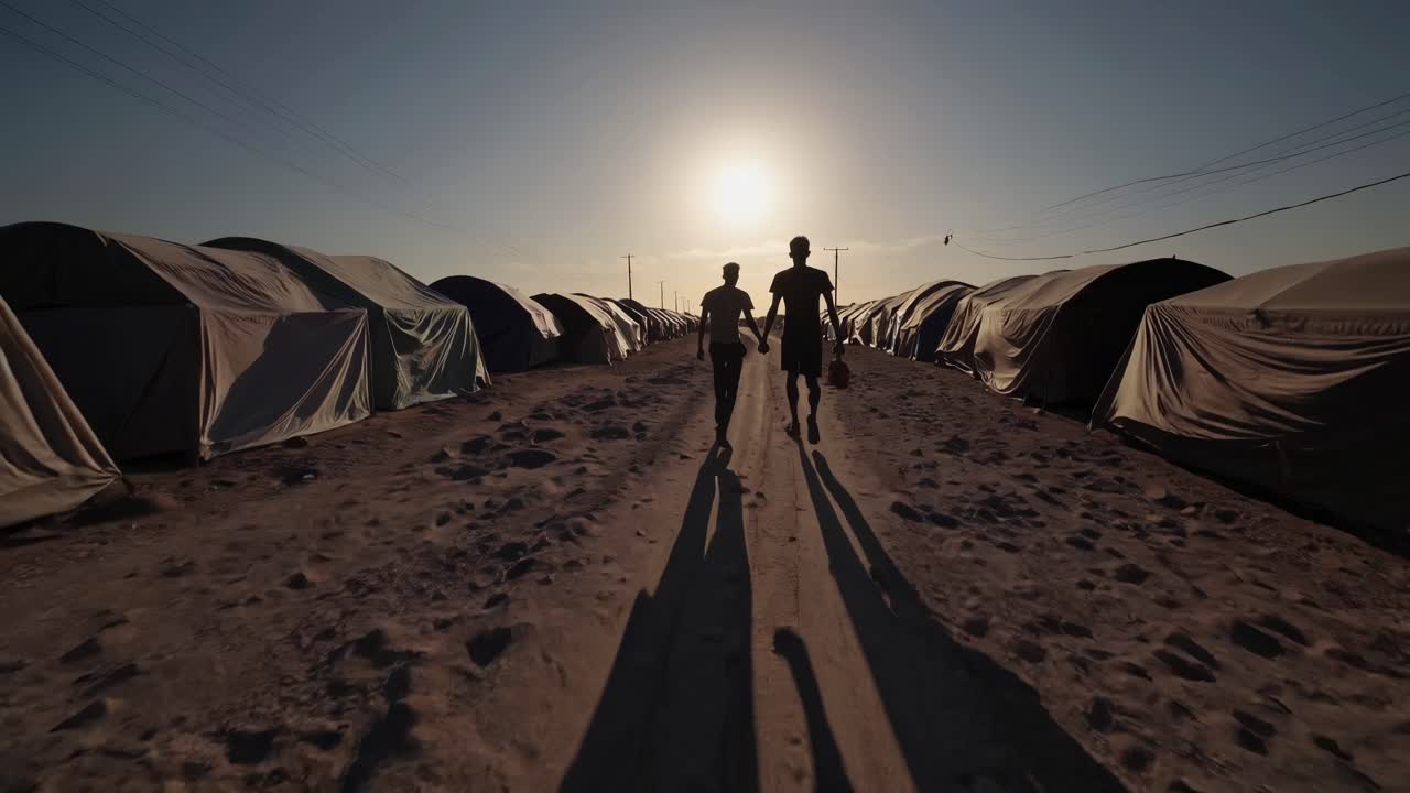 Silhouetted figures walk hand in hand at sunset through a refugee camp