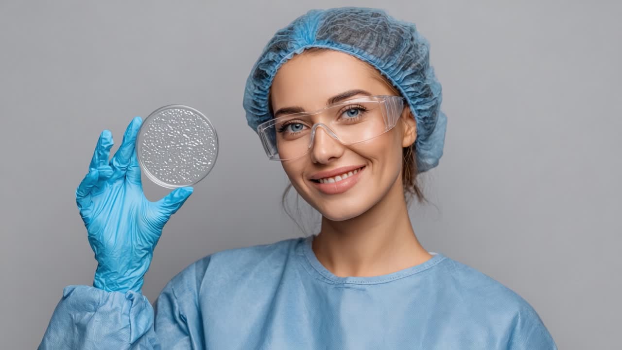 A Smiling Scientist in Protective Gear Holding a Petri Dish, Showcasing Laboratory Work in a Clean and Safe Environment for Research and Experiments