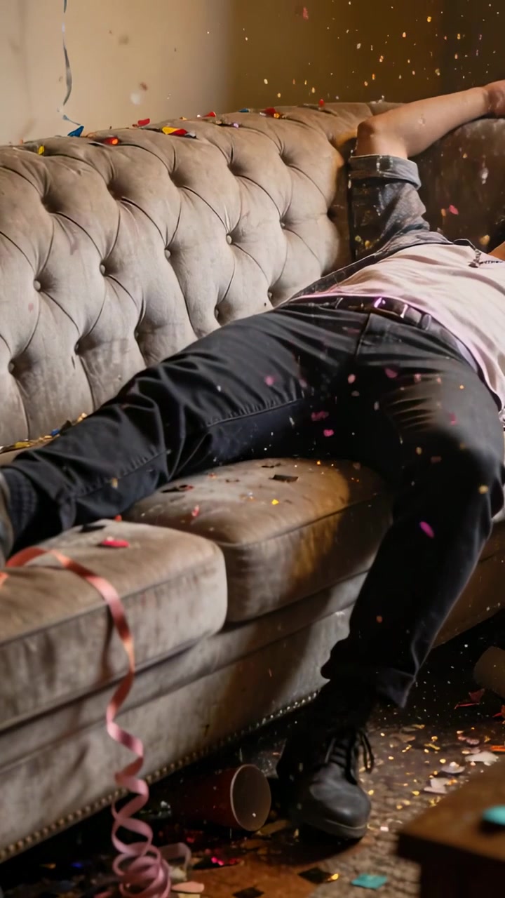 Video verticale: Uomo afflosciato reclinato su un divano capitonné dopo una festa, con coriandoli che si depositano, una tazza rovesciata e una cintura.