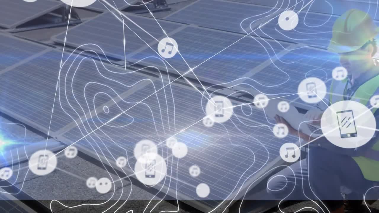 지붕에 태양 전지 패널을 설치하는 백인 남성 노동자 위의 디지털 아이콘 네트워크의 애니메이션