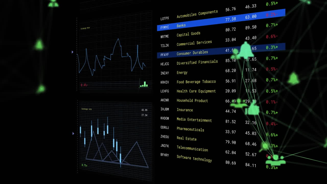 Animation of globes of digital icons spinning over statistical and stock market data processing