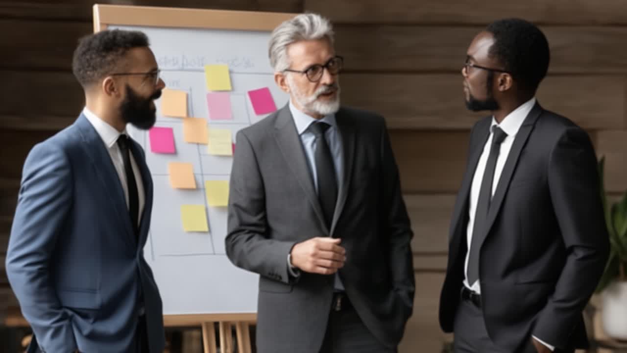 A Group of Professionals Engaging in a Collaborative Discussion Amidst Colorful Sticky Notes in a Modern Office Setting