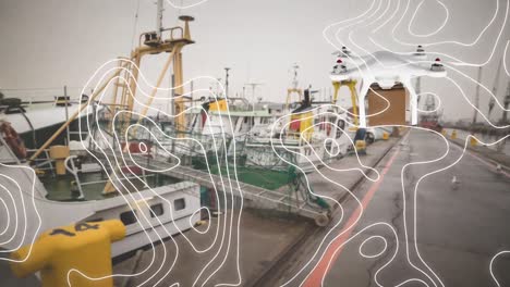 Animation-of-white-lines-and-digital-drone-over-ships-in-port