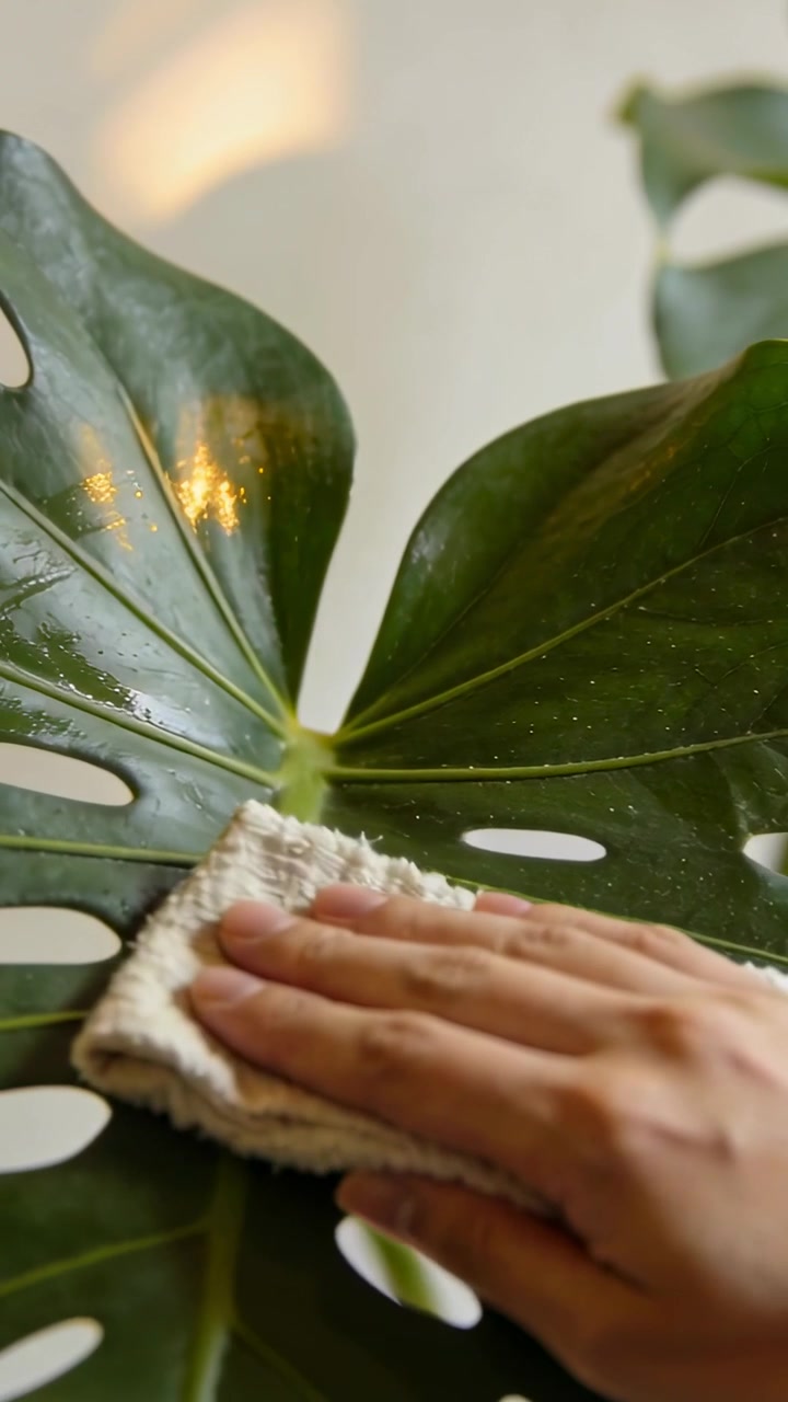 Video verticale: Vedendo la polvere, una mano destra pulisce una foglia di Monstera con un panno vicino al muro, ripristinando la lucentezza.