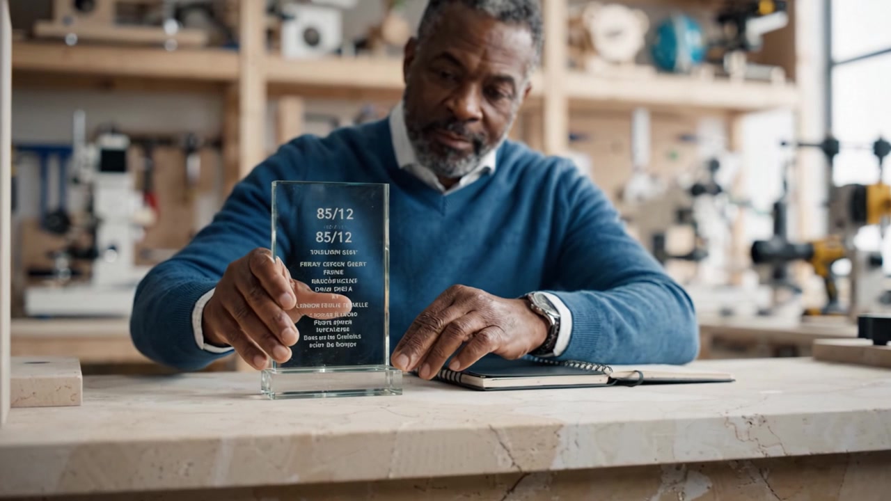 A Skilled Artisan Engages with a Glass Award While Reflecting on Past Achievements in His Craft Workspace Surrounded by Tools and Materials
