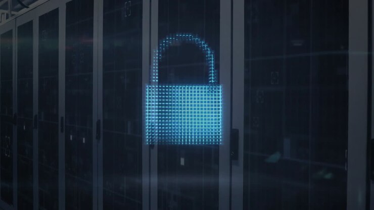 Animation of cloud and padlock icons with light trails over server room