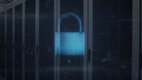 animation of cloud and padlock icons with light trails over server room