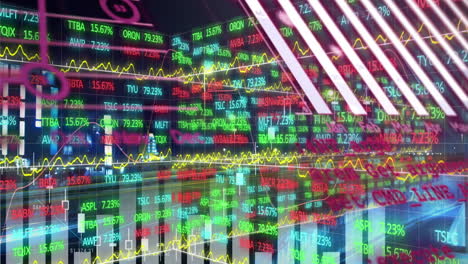 animación de estadísticas y procesamiento de datos financieros sobre el paisaje urbano
