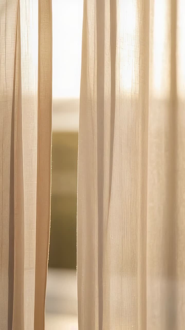 Vertical video: Swaying beige sheer curtains from breeze moving gap on window at home showing couch