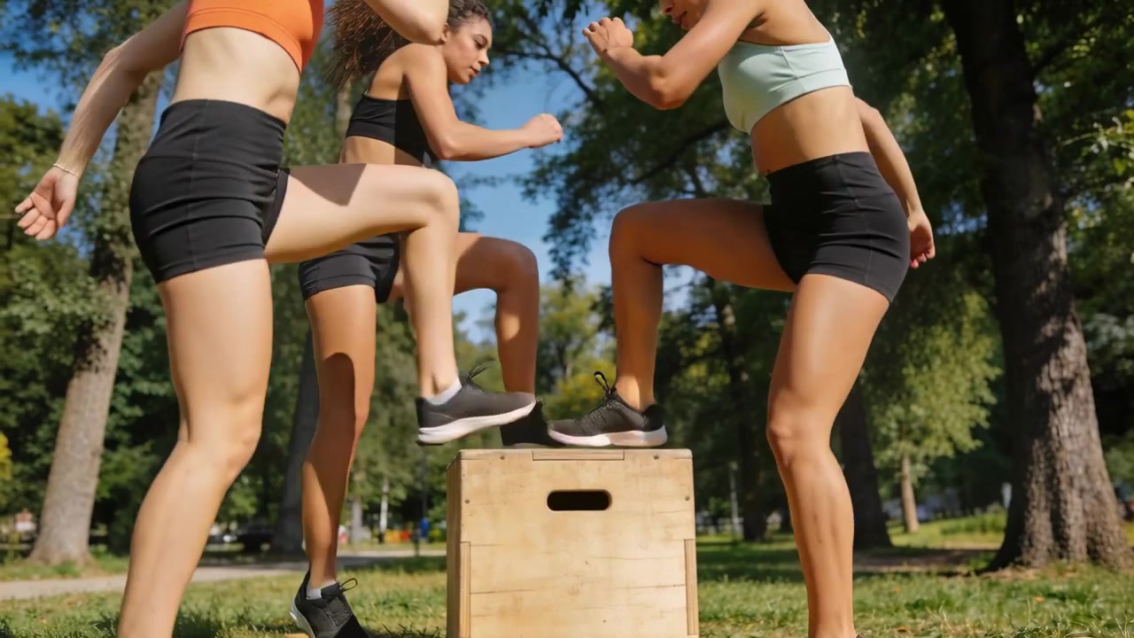Trío realizando elevaciones de rodilla alrededor de un cajón pliométrico en un parque para fitness, con sujetadores deportivos y zapatillas, respondiendo a una señal.