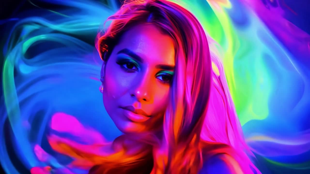 Model poses gracefully as vibrant, colorful smoke swirls around her, creating a captivating and artistic atmosphere