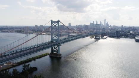 benjamin franklin bridge facing philadelphia skyline from camden - approaching from far