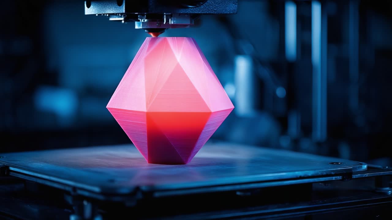 An Innovative 3D Printer Creates a Stunning Geometric Red and Pink Solid Shape, Showcasing Cutting-Edge Additive Manufacturing Technology in Action