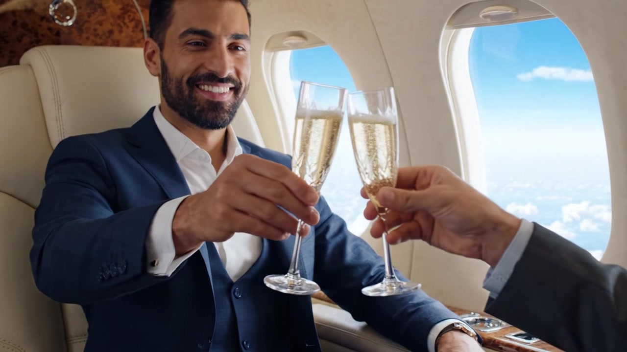 Un brindisi al lusso: festeggiare con stile all'interno di un jet privato, godendosi la vista panoramica sopra le nuvole con calici di spumante
