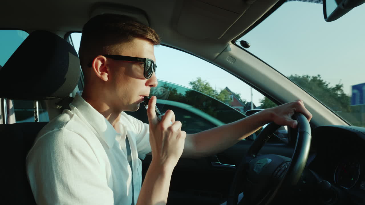 젊은 운전자가 운전 중에 전자 담배를 피운다