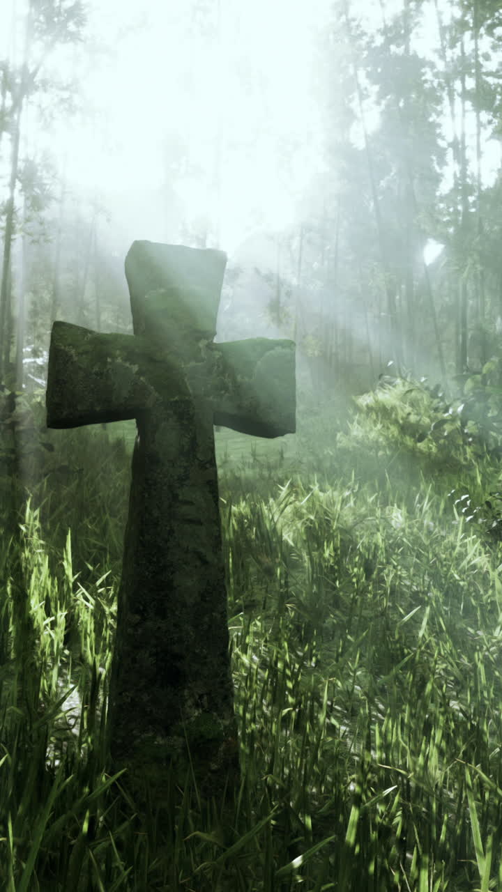una cruz de piedra en un bosque de niebla