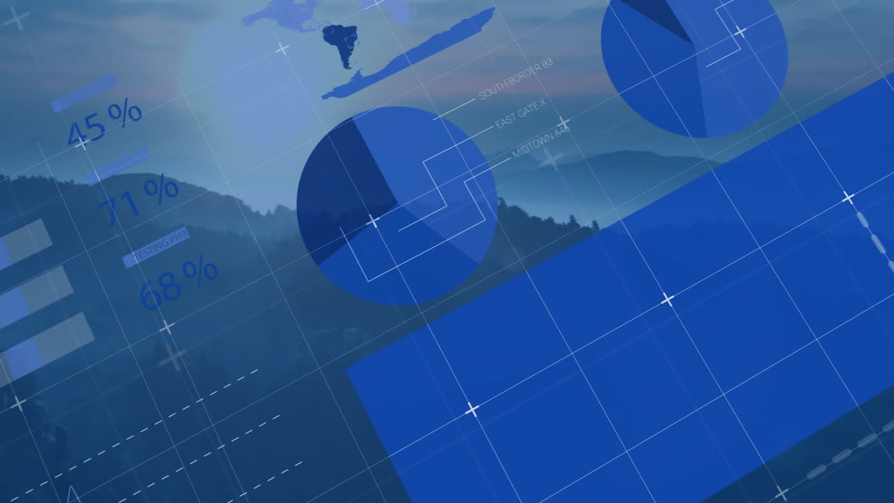Blue circular pie charts floating over misty mountain landscape, displaying data with grid overlays