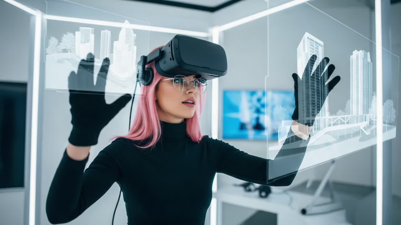 Exploring Virtual Realities: A User Engages with Immersive Technology in a High-Tech Environment, Interacting with 3D Models and Digital Constructs