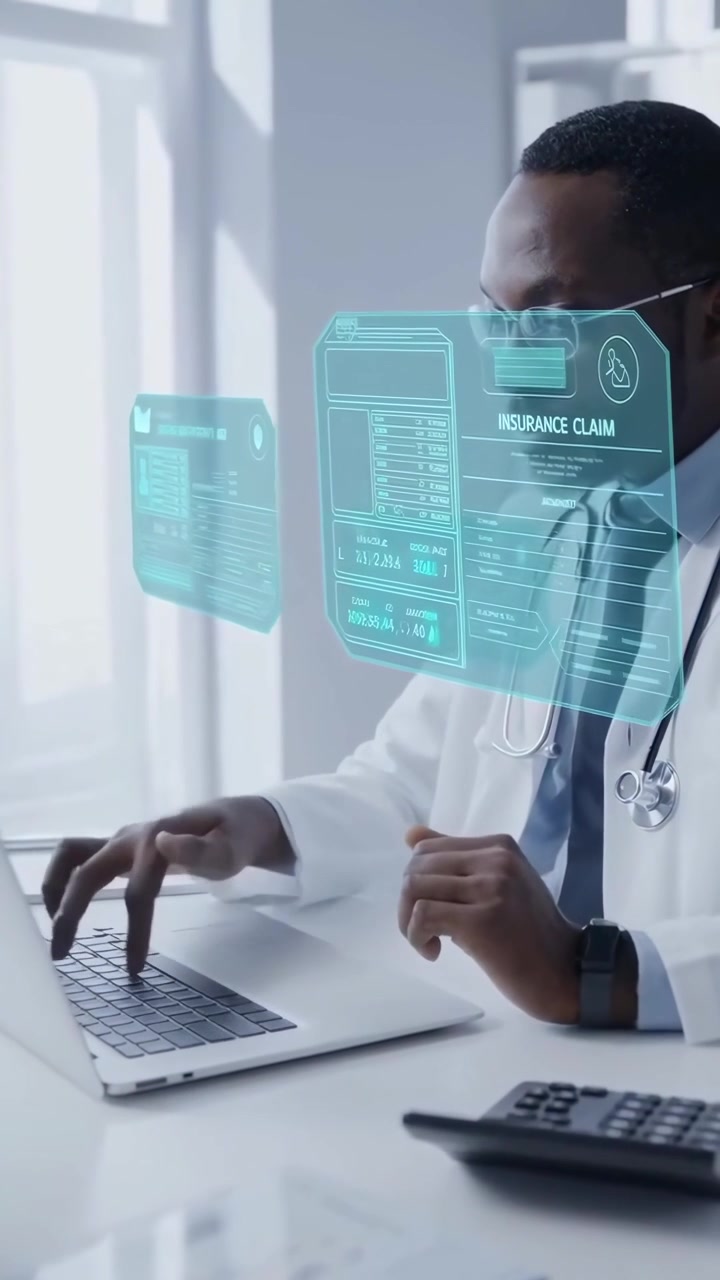 Doctor Reviewing Digital Insurance Claim Data on Laptop