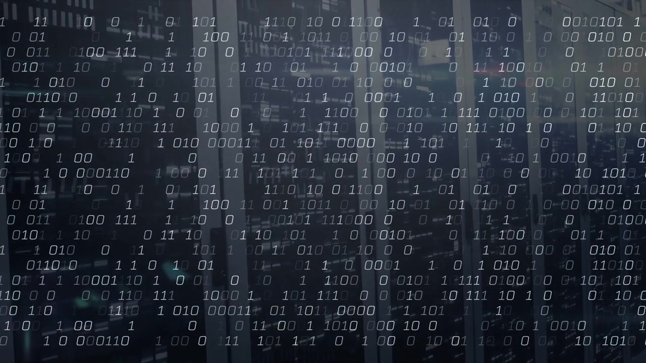 Server racks in dim server room, traffic initiating binary overlay densifying across glass fronts