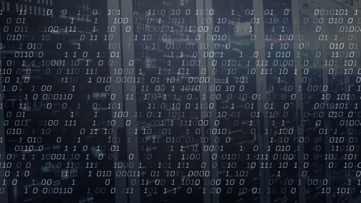 Server racks in dim server room, traffic initiating binary overlay densifying across glass fronts