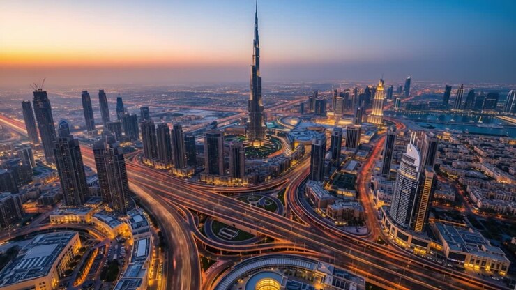 Dubai Cityscape at Dusk with Burj Khalifa and Illuminated Highways