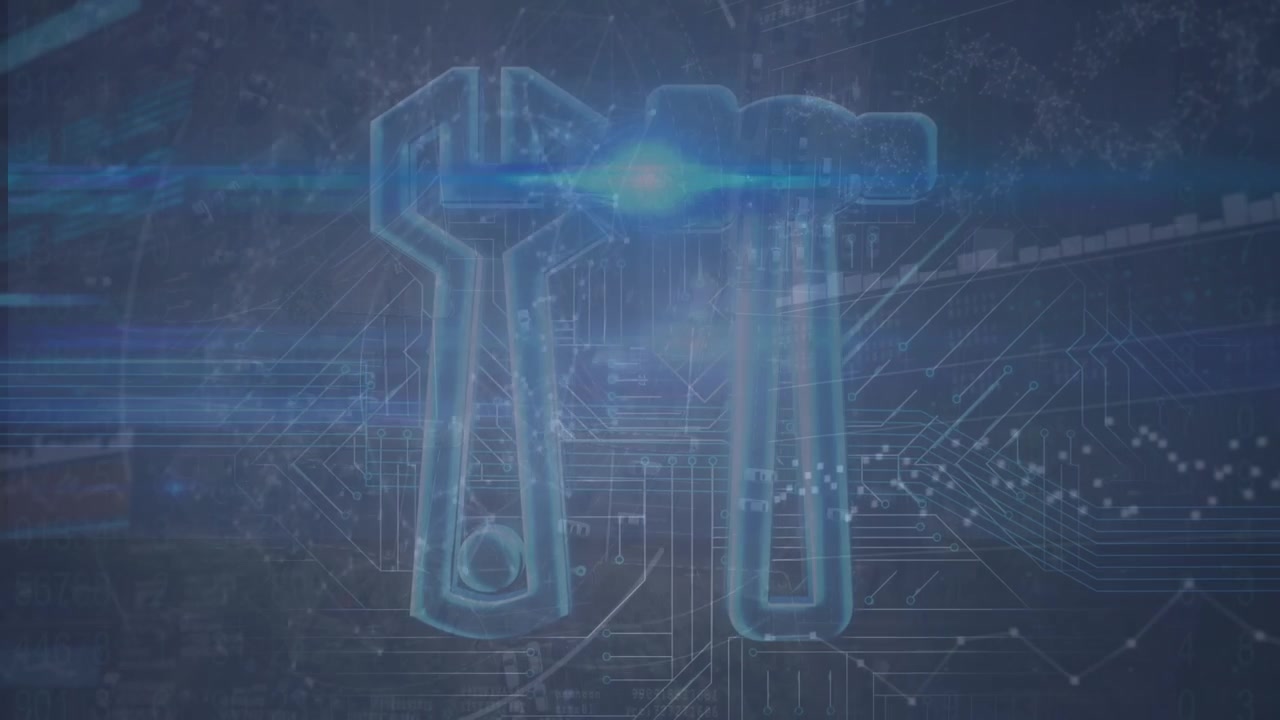 Animation of light beam on data processing with hud elements, setting icon on digital interface