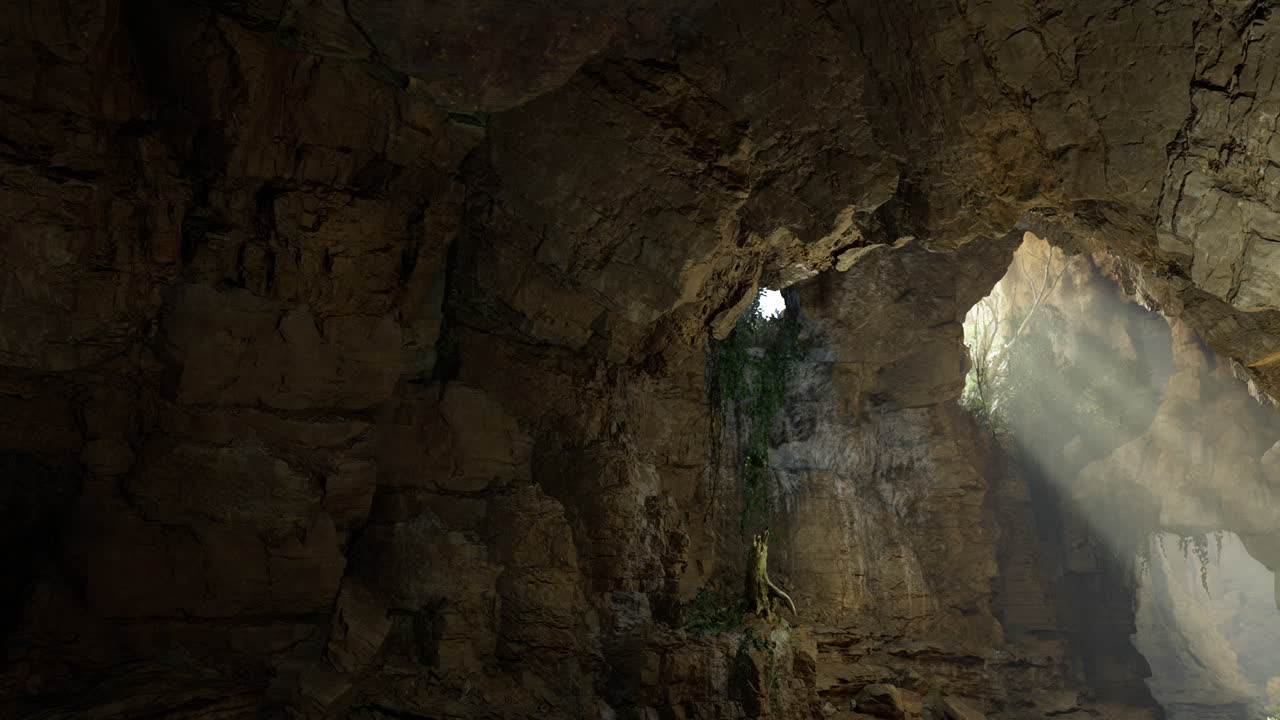 Light streams through a cave opening revealing natural rock formations