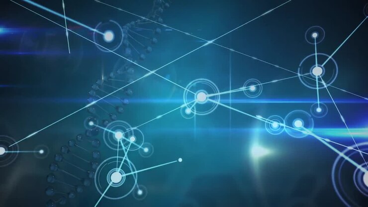 Animation of network of connections over dna strand and light trails on black background