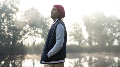 Camping,-hiking-and-man-with-view-of-lake