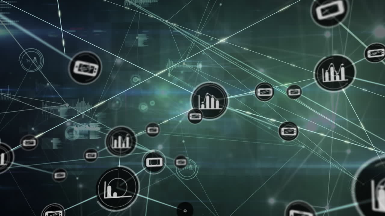 animación de la red de iconos digitales y procesamiento de datos contra un fondo gris.