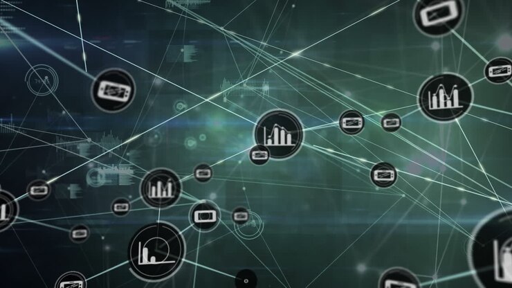 Animation of network of digital icons and data processing against grey background