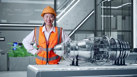 female engineer in modern laboratory observing jet engine