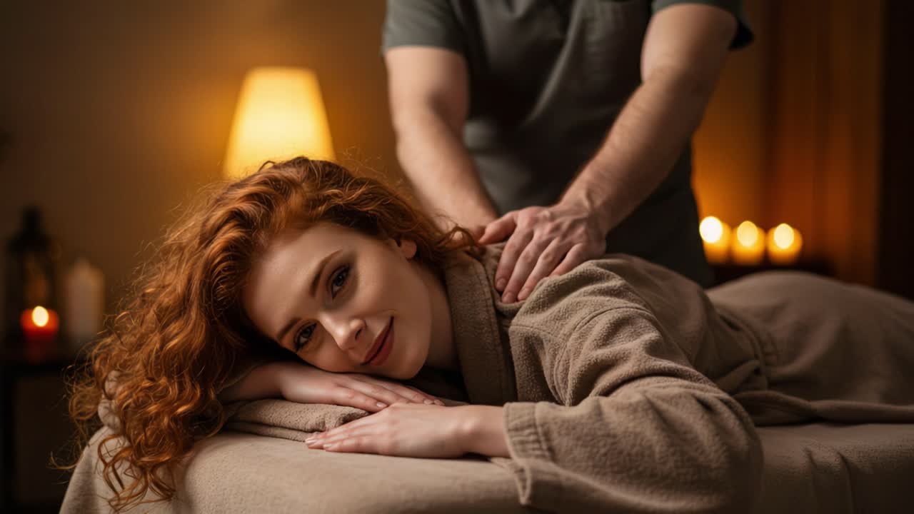 A Relaxing Spa Experience: A Gentle Massage Session Amidst Soft Lighting and Calming Aromas for Ultimate Wellness and Tranquility