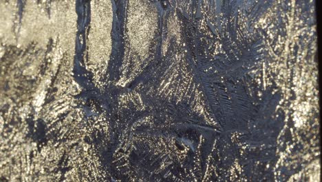 frozen snowflakes on glass during a cold winter, backlit by sun