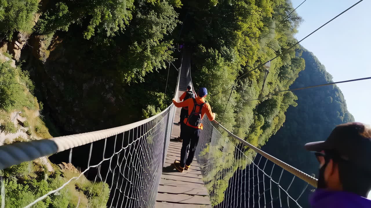 Hikers on a Suspension Bridge through a Forest