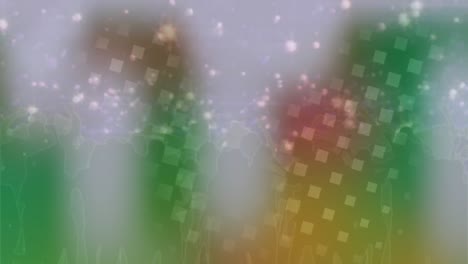 animación de cuadrados blancos y proyecciones de luz sobre la multitud bailando con humo