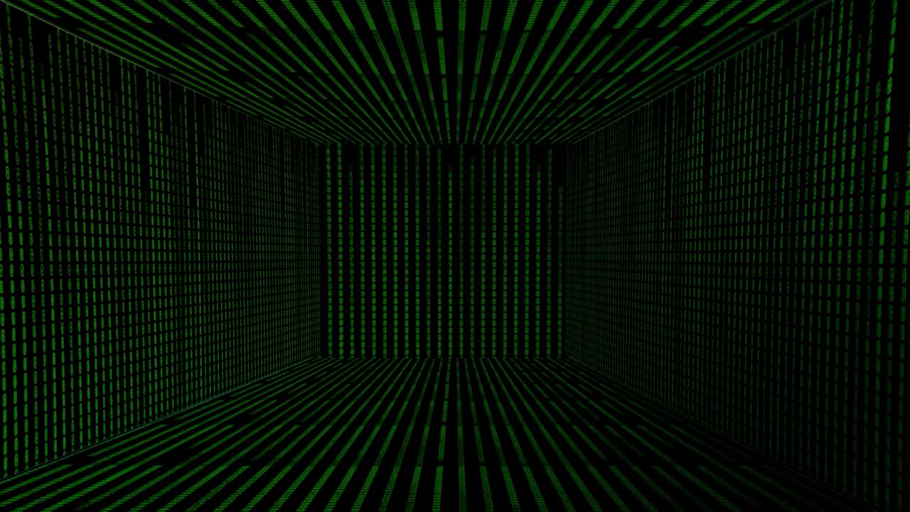 Abstract green futuristic background with the strings forming a corridor. Motion. Narrow lines or segments creating 3D shaped rectangular space and disappear on black backdrop, matrix effect.